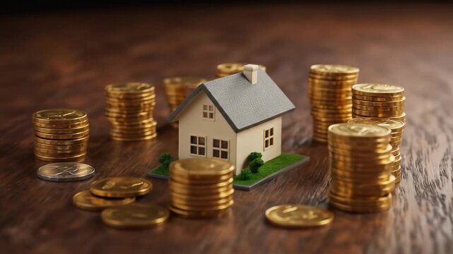 A miniature house sits among piles of gold coins on a wooden surface, symbolizing real estate investment. Scattered change around
