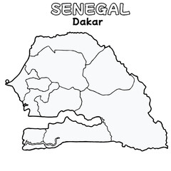 Outline of the SENEGAL Map with State Boundaries with name and capital city for Educational Purposes and Planning in transparent and vector