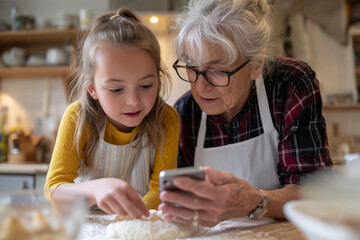 Grandparent and child baking while reading a holographic recipe from future education app, 