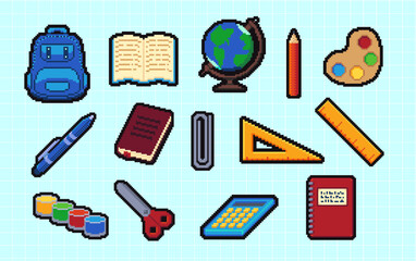 Abstract back to school supplies pixelated icons. Retro 8 bit pixel art icon set, university, education items