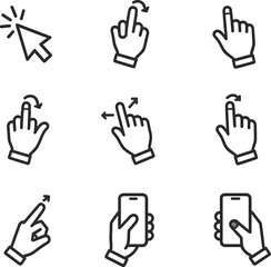 Modern Minimalist Line Art: Hand Gestures & Smartphone Touchscreen Icons for UI UX Design