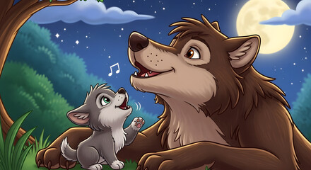 Nighttime Serenade: A Wolf and Cub Under the Moon