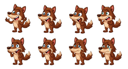 Cartoon Wolf Expressions: A Collection of Eight Adorable Wolf Illustrations Displaying a Variety of Emotions