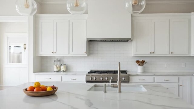 A modern, bright kitchen with marble island, white cabinets, pendant lights, and a bowl of fruit. Stainless steel appliances