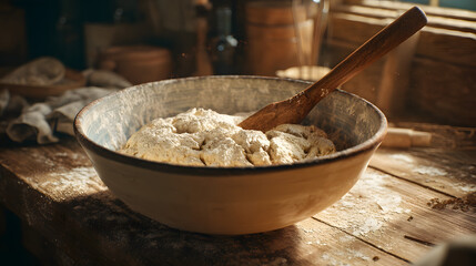 Fototapeta premium A long-handled wooden spoon resting inside a ceramic bowl filled with fresh dough