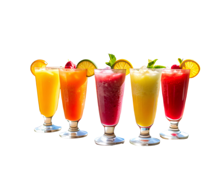 Chill summer vibes with colorful slush drinks on a sunny patio, vibrant views transparent background.