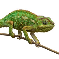 Obraz premium Green chameleon walking on a thin tree branch isolated on a plain white background studio shot