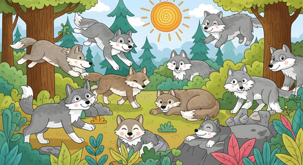 A Pack of Wolves in a Sunny Forest
