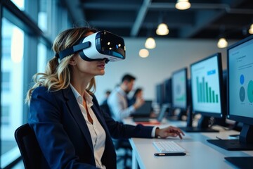 Professional utilizing Virtual Reality technology in modern office environment.