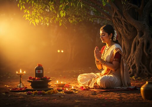 Goddess Parvati Praying During Shravan Vrat in White Saree with Shivlinga Under Banyan Tree