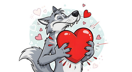 Loving Wolf with Big Red Heart Cartoon Illustration
