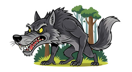 Angry Cartoon Wolf in Forest