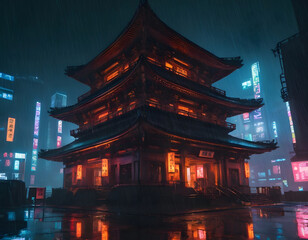 Cyberpunk temple, japanese abstract illustration, futuristic city, dystoptic artwork at night, 4k wallpaper. Rain moody empty future., night view of the temple