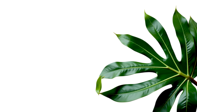 A single large green tropical plant leaf with deep lobes isolated on transparent background