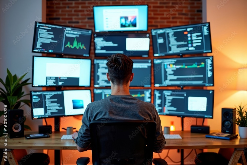 Poster new trendy photo idea: person in center of circle of computer screens, each displaying a different w
