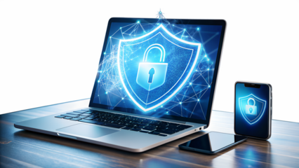 A laptop and phone display a digital shield with a lock representing cybersecurity and data protection isolated on transparent background