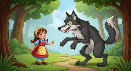 Little Red Riding Hood and the Big Bad Wolf in the Forest