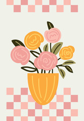 trend,  abstract roses, a botanical vase with flowers in a minimalist style. naive hand-drawn art. for print, banners, postcards, business ideas. modern pink background, art vector illustration