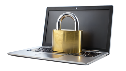 A gold padlock sits on an open laptop computer symbolizing digital security and data protection isolated on transparent background