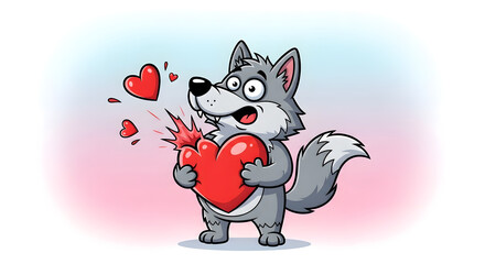 Adorable Wolf with a Big Heart: A Valentine's Day Cartoon