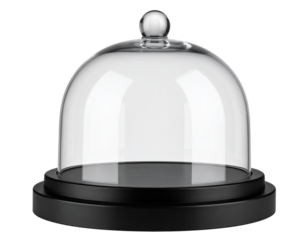 Front View of Clear Glass Dome on Sleek Black Base, Isolated on Transparent Background