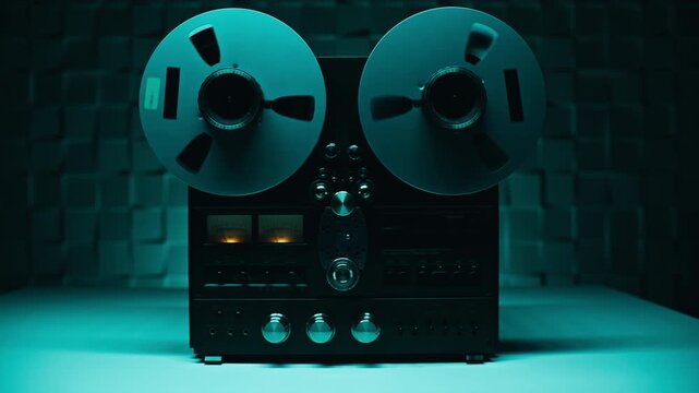 Hand starting recording reel tape device in dark studio closeup. Retro recorder