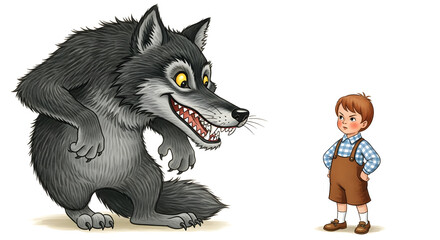 Big Bad Wolf and Little Boy Illustration