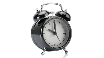 A black vintage alarm clock shows ten oclock isolated on a transparent background