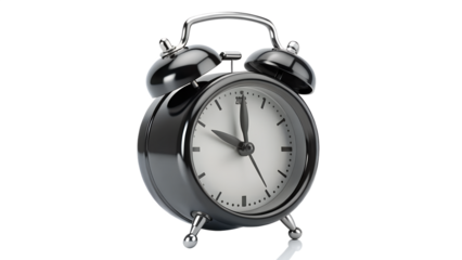 A black vintage alarm clock shows ten oclock isolated on a transparent background