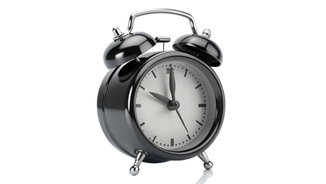 A black vintage alarm clock shows ten oclock isolated on a transparent background