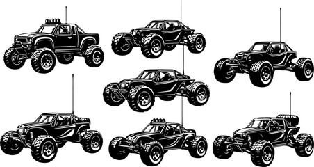 Vector art of a set of six black and white vector illustrations showcasing various