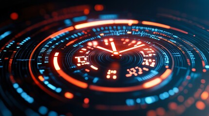 A futuristic clock display with glowing red and blue elements, perfect for technology-themed projects, digital marketing, or time management concepts,