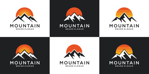 Mountain logo design with sunset background in flat style