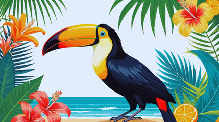 Tropical bird with palm tree graphic print design. Features a vibrant toucan sitting on a branch with palm leaves in the background. Fun summer vibes artwork with text 