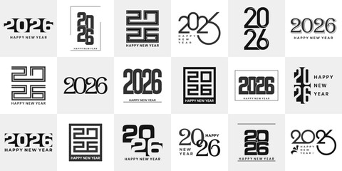 Creative Happy New Year 2026 typography logo set with modern and geometric design