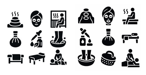 Collection of spa icons, including a man sitting in a chair, a woman with a mask on, and a woman sitting on a bed