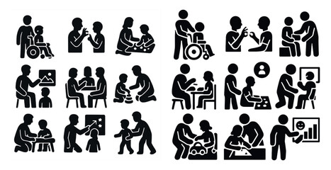 Naklejka premium Series of black and white drawings of people in various situations. The drawings depict people interacting with each other, with some people sitting and others standing