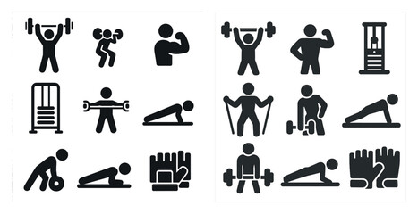 Set of fitness icons, including a man lifting weights, a man doing pushups, and a man doing situps