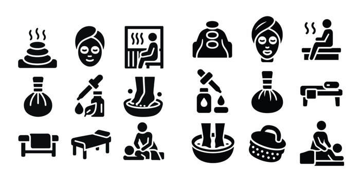 Collection of spa icons, including a man sitting in a chair, a woman with a mask on, and a woman sitting on a bed