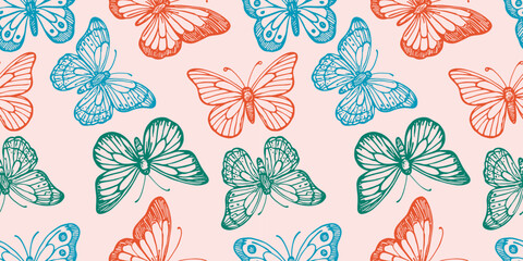 Seamless butterfly pattern, colorful hand drawn insects, tropical wildlife vector design, decorative nature background, detailed wings illustration, vintage sketch, spring garden art, elegant insect 