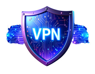 Futuristic VPN Shield Icon with Circuit Pattern Overlay, Digital Style, Transparent Background