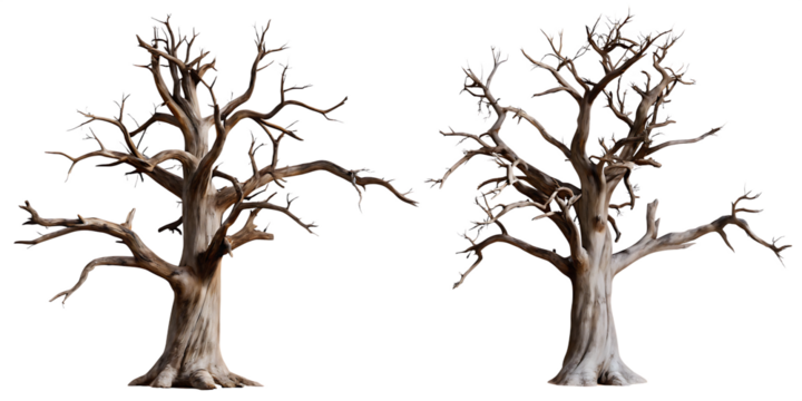 Bare gnarled trees isolated on a transparent background