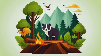 Vector illustration icon showing the danger of deforestation to animals. Features trees being cut down and distressed wildlife like birds, monkeys, and deer fleeing the forest. 