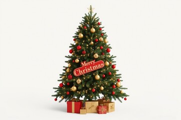Naklejka premium Decorated Christmas tree, gifts, studio, white background, holiday card