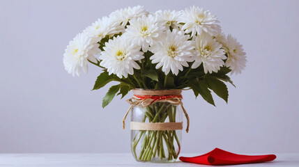 Elegant white flowers arranged in a cute transparent glass vase placed on a clean white background. Minimalist and aesthetic floral still life symbolizing purity, freshness, and simplicity.