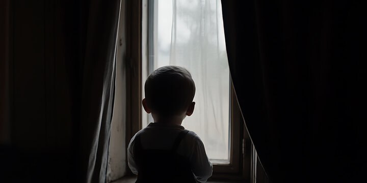 Silhouette of a toddler looking out the window. Interior scene with light streaming through the curtains, casting shadows and creating a pensive mood.