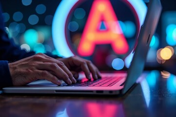 A man typing on a laptop with a neon trademark sign in the background.