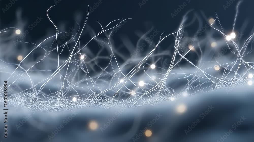 Poster intricate network of glowing nanomaterials forming a web like structure with embedded lights against