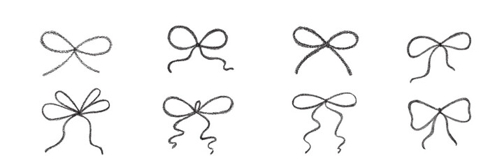 Chalk coquette bow with ribbon set. Hand drawn vector illustration isolated on white background for design template present for wedding, Birthday, Christmas decoration or discount, sale.