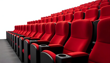Red theater seats are arranged in rows for a movie experience.